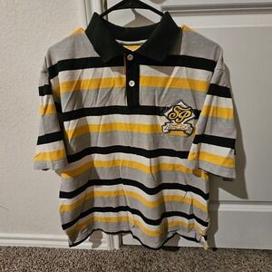 Southpole Mens Large Striped Polo Shirt Yellow Grey Black Embroidered Y2K Patch